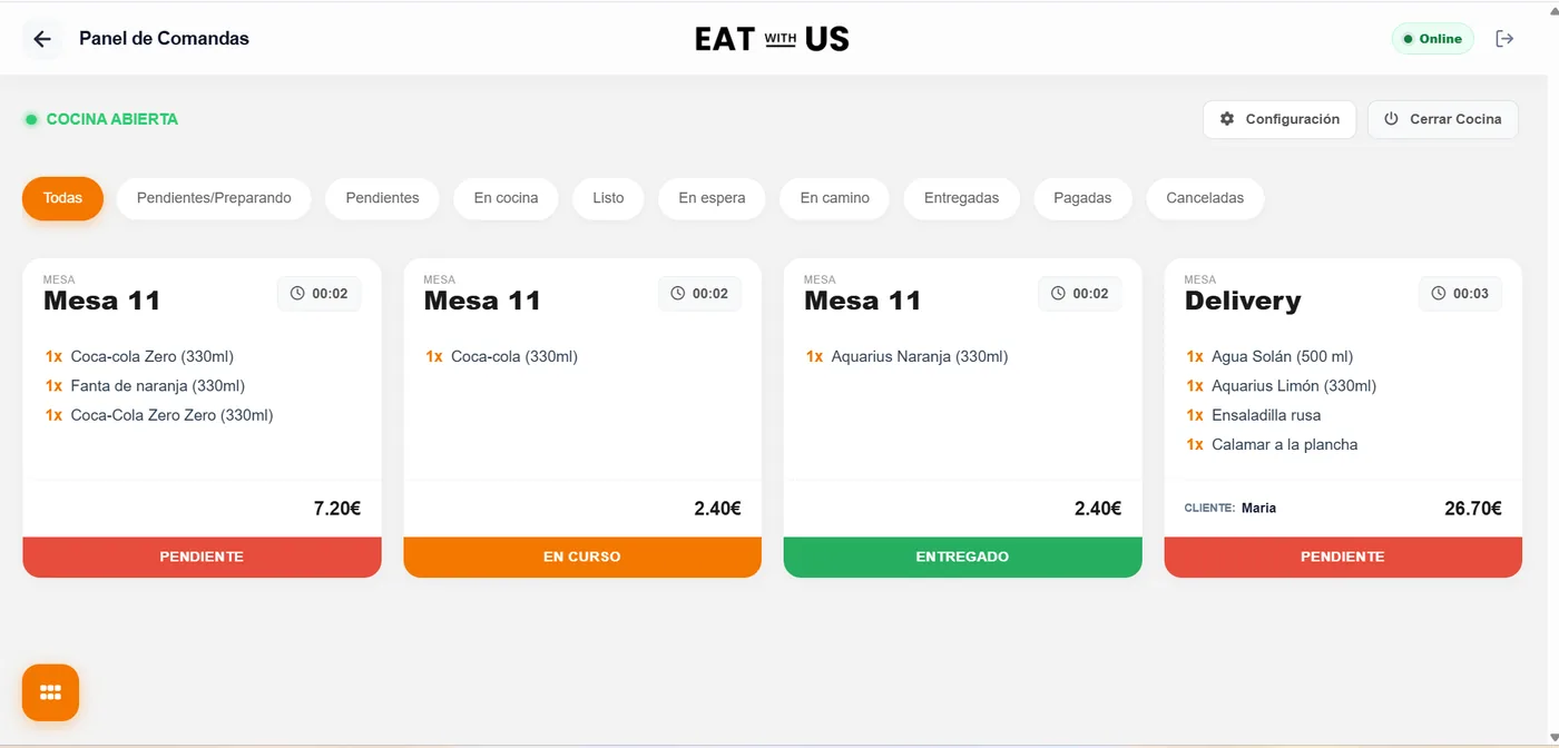 Panel de comandas de cocina en Eat with Us