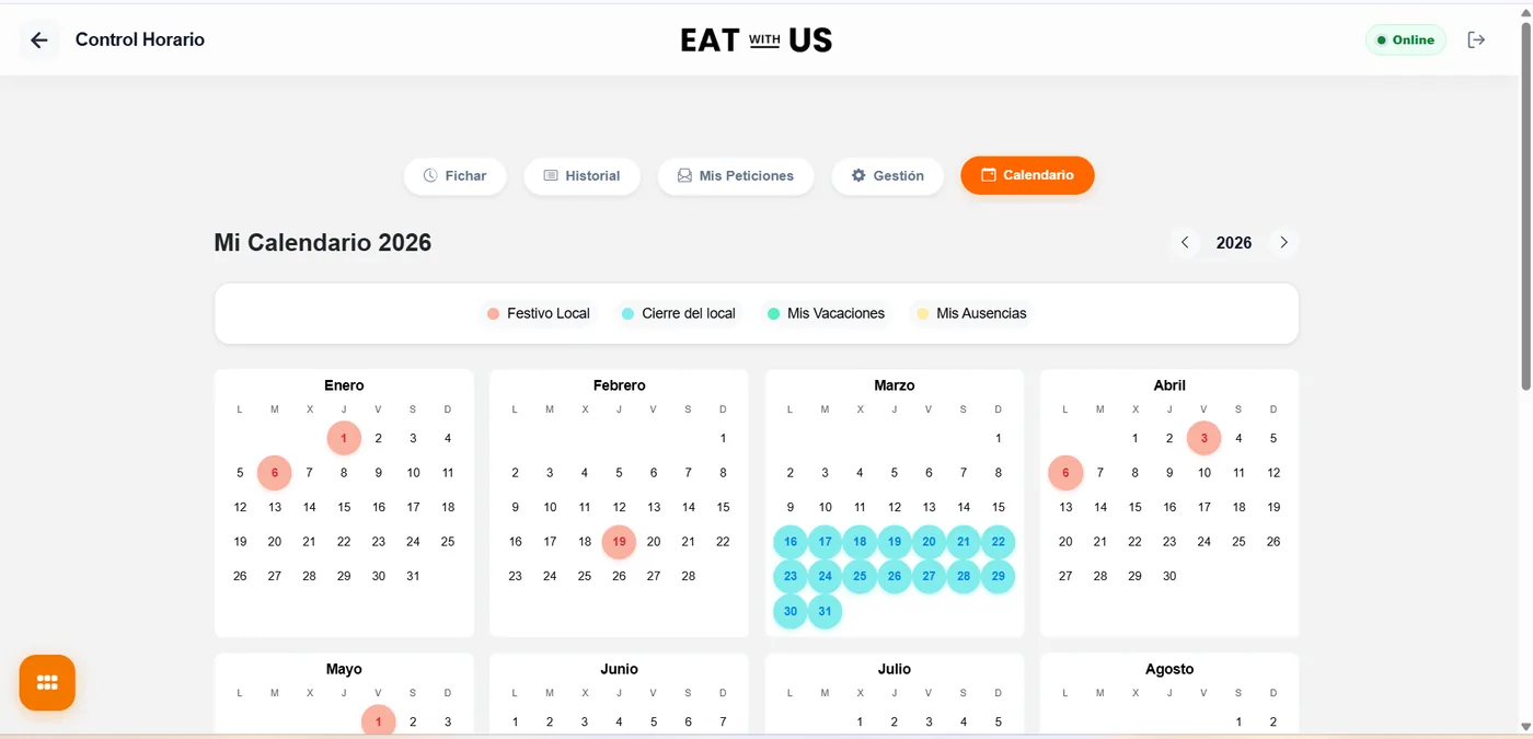Control horario del equipo en Eat with Us