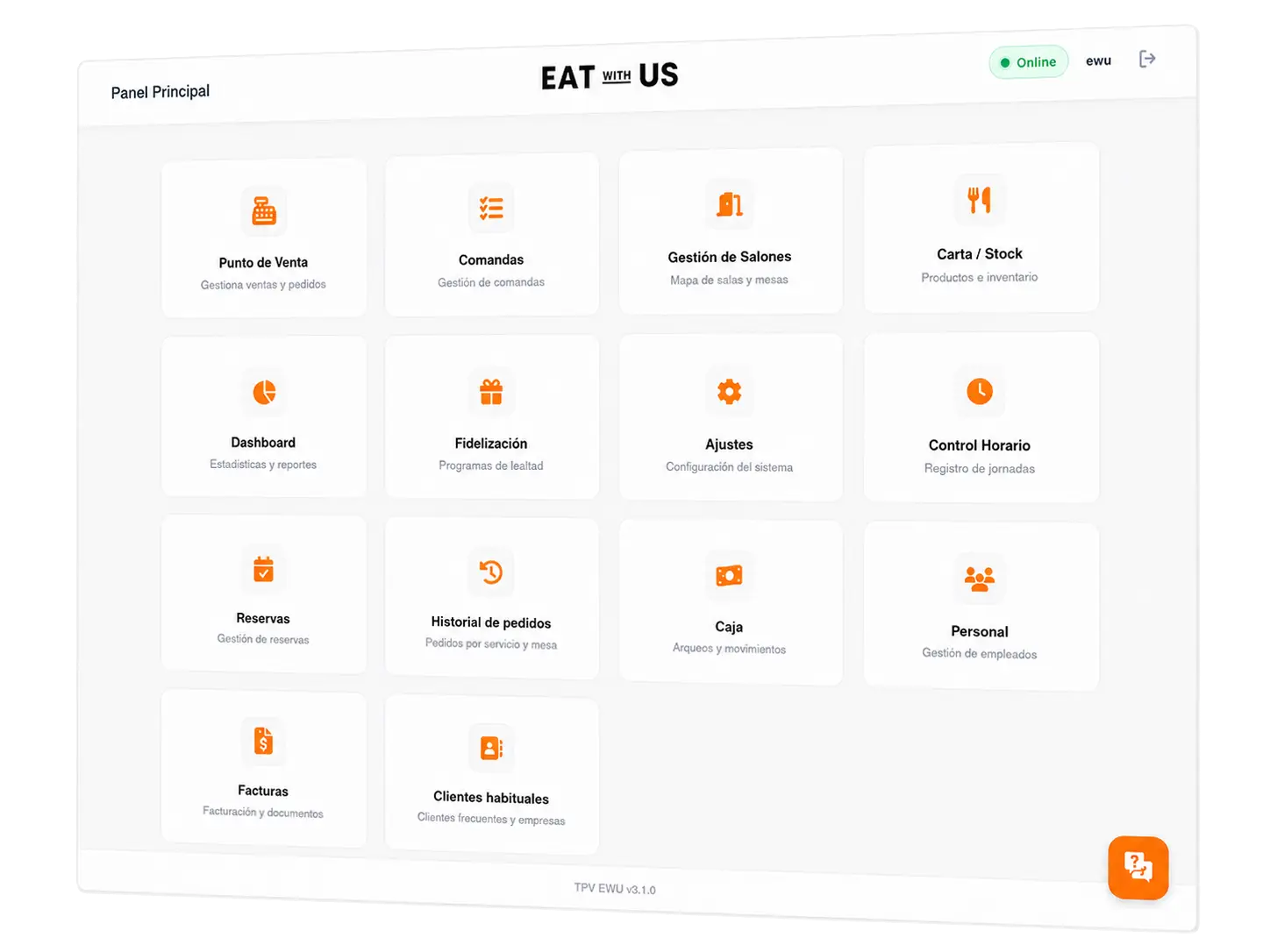 Panel principal de Eat with Us con módulos de gestión para restaurantes