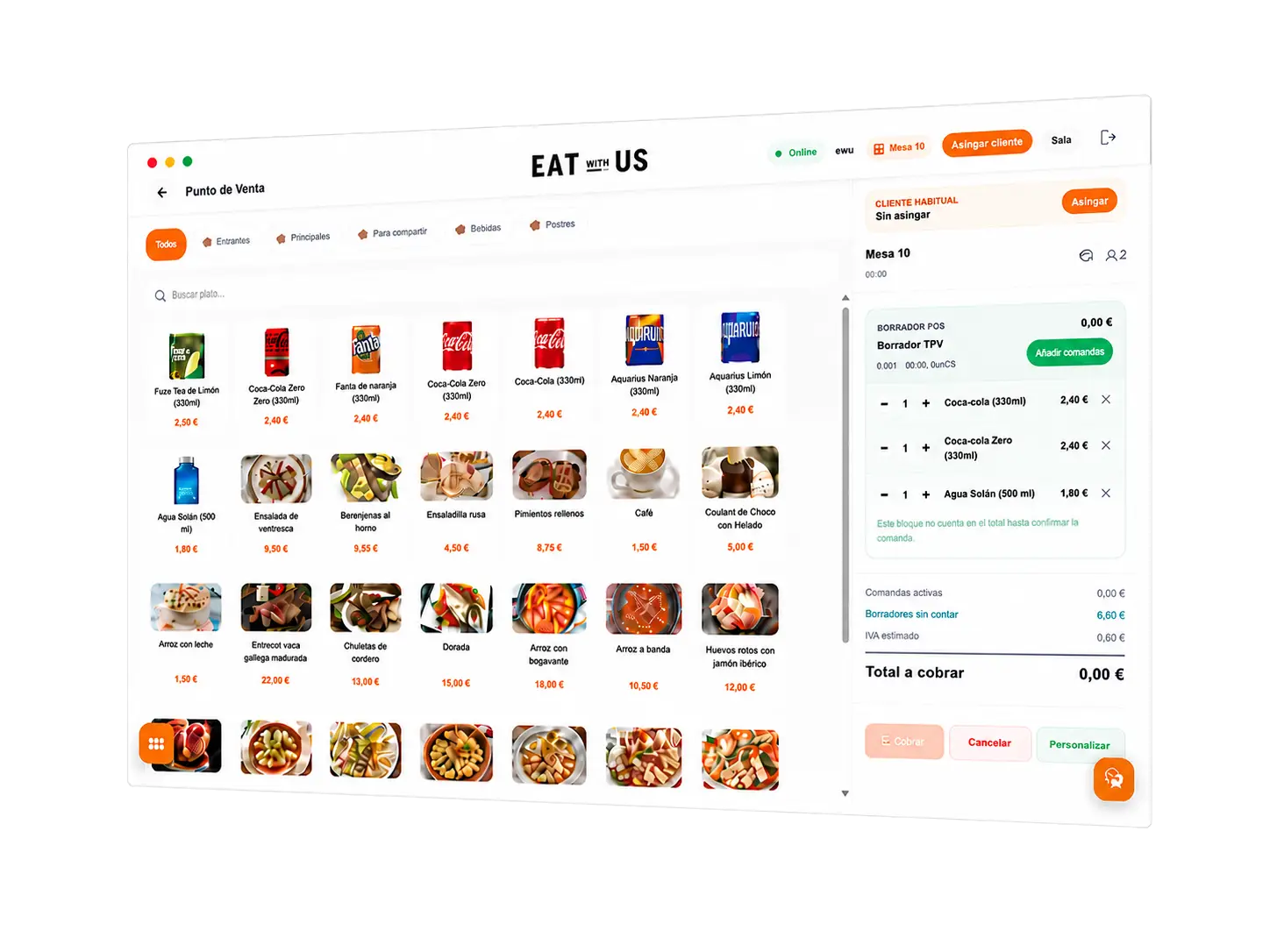 Vista del punto de venta de Eat with Us con productos y pedido activo