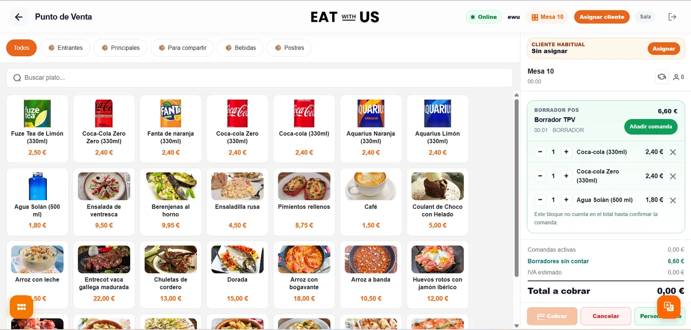 Vista del punto de venta de Eat with Us con productos y pedido activo
