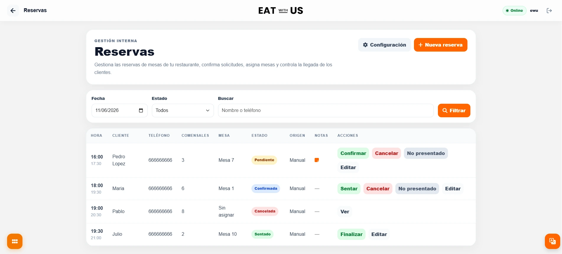 Gestión de reservas de mesas en Eat with Us